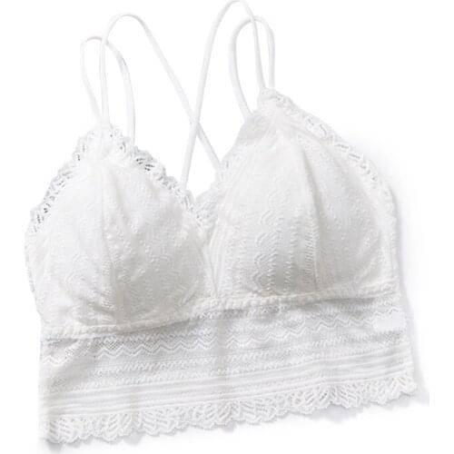 Women Sexy Spaghetti Strap Seamless Bra V-Neck Lace Jacquard Wire Free Bralette Removable Padded Push-Up Underwear Camisole Tube