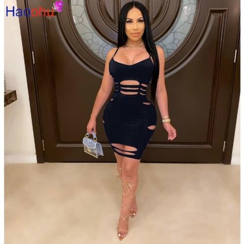HAOOHU Women braces dress sexy club Hollow Out Halter Open Back Bodycon Mini slim Dress