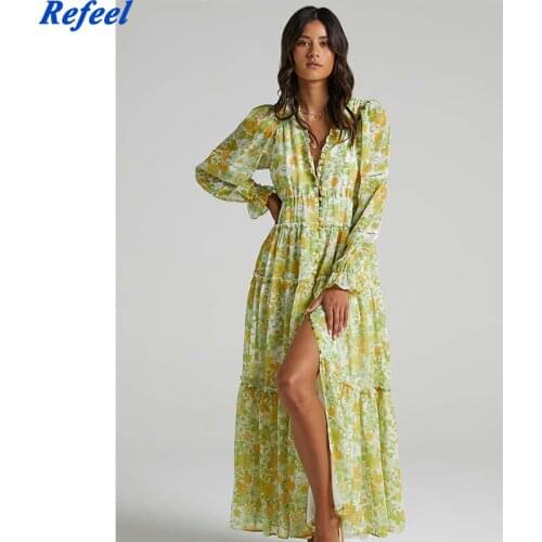 Summer Floral Print Dress Women Boho Long Sleeve Sexy V-neck Casual Shirt Dresses Fashion Robe Single-Breasted Ruffle Midi Dress