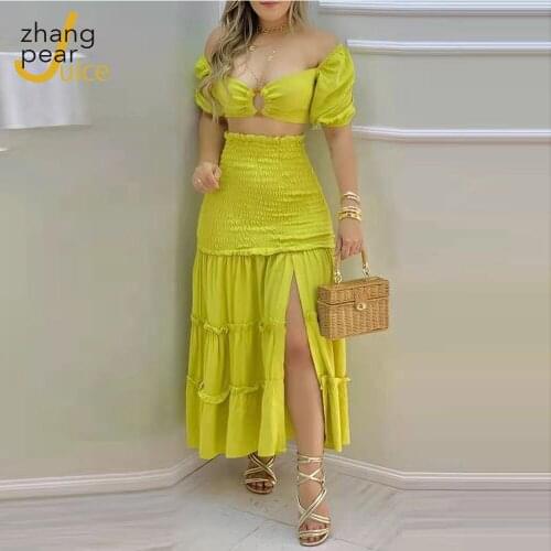 Summer Fashion Split Dress Solid Ruffled Beach Sexy Dress Short Sleeve Elegant Knot Dress Casual Crop Top +Skirt Two Piece Sets