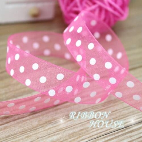 10 yards/lot) dark pink printed organza colored dots ribbon gift wrap decoration ribbons