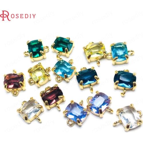 38230)6PCS 8x10MM 24K Champagne Gold Color Brass and Glass 2 Holes Rectangle Connect Charms Pendants Diy Findings Accessories