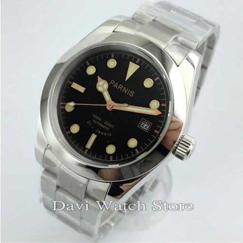 40mm Top Brand Parnis Black Dial Automatic Movement Stainless Steel Sapphire Mens Watches