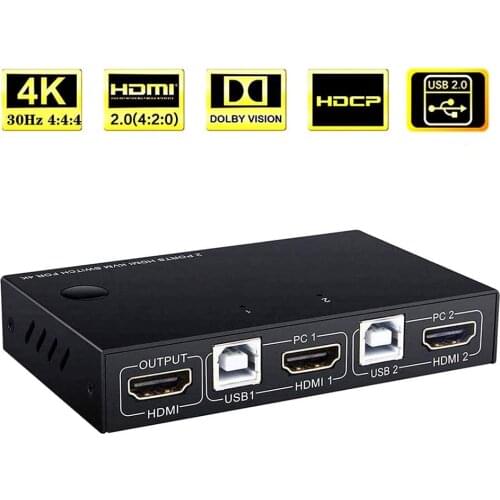 4K HDMI KVM USB Switch Box Video Display USB Splitter Share 2 PC Keyboard Mouse Monitor Support Wireless Keyboard Connections