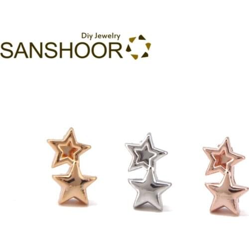 SANSHOOR Plain Double Stars Slide Charms DIY Accessories Jewelry Making Fit 10mm Wrap Leather Keeper Bracelets For Women 6Pcs