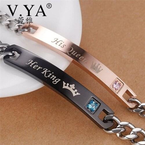 V.YA DIY"Her King & His Queen"Couple Bracelets Stainless Steel Crytal Charm Bracelets For Women Men Christmas Gift Drop Shipping