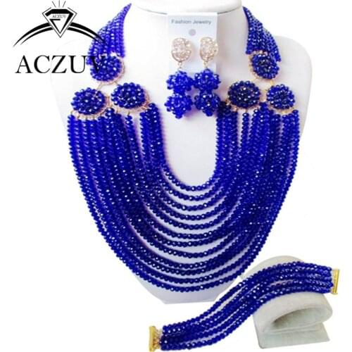 Brand ACZUV Nigerian Wedding African Beads Royal Blue Jewelry Sets AN041