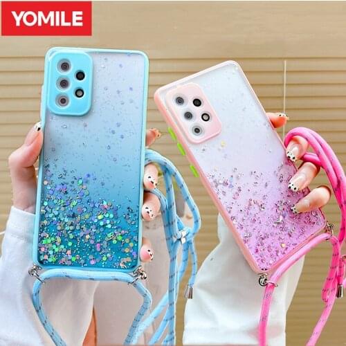 Gradient Glitter Clear Lanyard Case For Samsung Galaxy A32 A52 A72 A12 A21S A02S A51 A71 A50 S20 FE S21 Ultra Plus Note 20 Pro