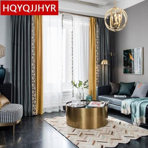 European luxury gray yellow stitching thick velvet shading villa curtains for bedroom living room apartment hotel