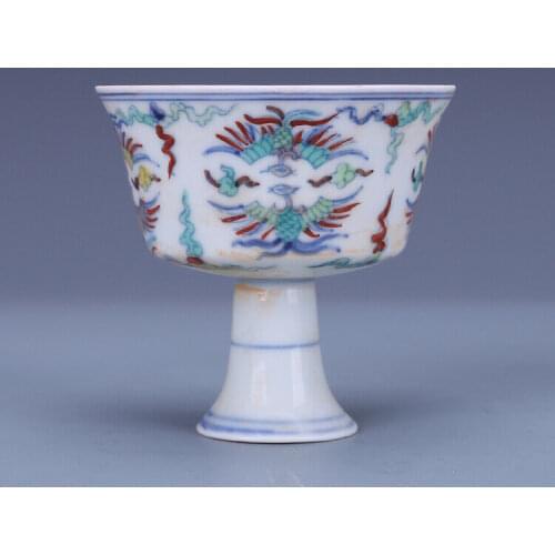 3.1" Good China Doucai Contrasting Colors Porcelain Phoenix Grain Tall Foot Cups