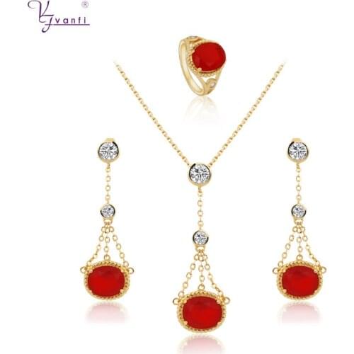 Kfvanfi Light Green Rose Red Crystal Jewelry Ring Necklace Pendant Dangle Earrings Stud Zircon Jewelry Set For Women