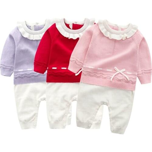Baby Girls Jumpsuit Knitted Cotton Twin Onesie Long Sleeve Spring/Autumn Clothes Ruffles Collar Newborn Romper Baby Shower Gift