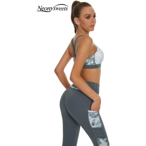 Neonysweets Women Sportswear Two Piece Gym Clothes Summer Fitness Sports Suit Camouflage Print Workout High Waist Tracksuit