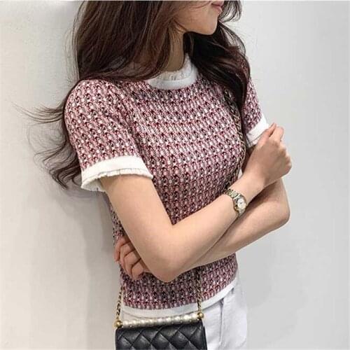 Summer Knitted T-shirts Korean Vintage Tees Women Short Sleeve O-neck Slim T Shirts Tops