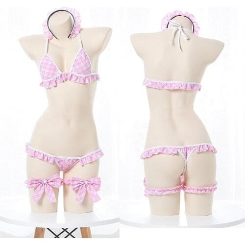 Cute Girls Maid Cosplay Bra Set Anime Bikini Uniform Lolita Plaid Lotus Leaf Underwear Sexy Womens Pleated Lingerie Sleepwear