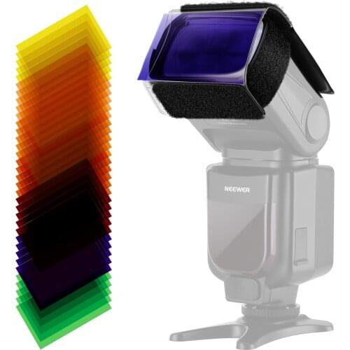 Neewer 35PCS Universal Photography Speedlite 47x77mm Square Full Color Balance Gel Filter Kit+Magic Strap for Canon Any Flash