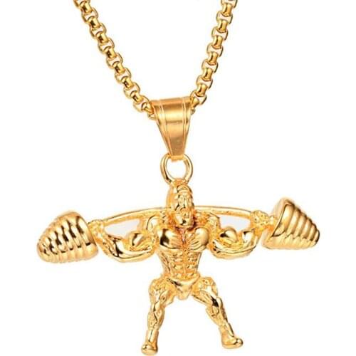 Stainless Steel Weightlifting Men Bodybuilding Pendant Necklace Vintage Punk Rock Athletes Gift Jewelry For Him with Chain