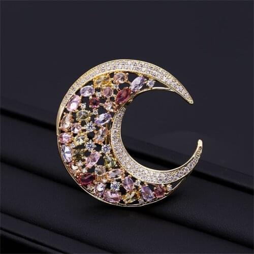 2020 New Moon Rhinestone Brooch Pin Copper Jewelry Luxury Colorful Crystal Zircon Scarf Collar Pins Brooches for Women broche