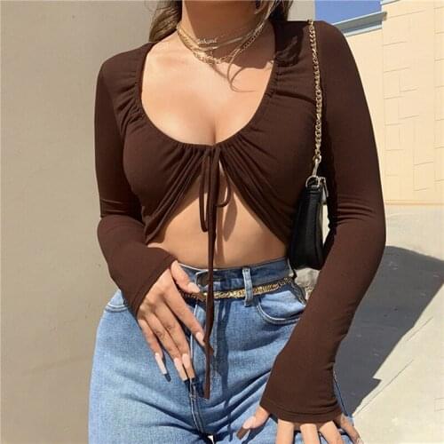 New Fall Lace Up T-Shirt Long Sleeve Crop Top T Shirt Women Sexy Party Club Clothes Streetwear Solid Soft Tee