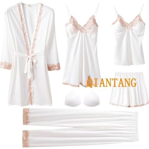 Female Bride Wedding 5PCS Pajamas Set Summer New Sexy V-Neck Strap Sleepwear Spring Autumn Satin Homewear Sweet Lace Nightwear