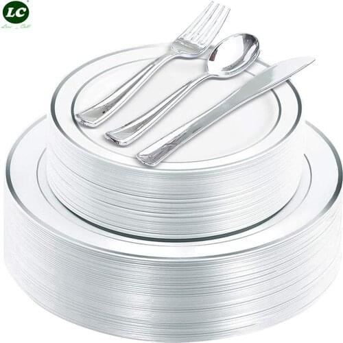25 Guests (125pcs) Silver Plastic Plates with Disposable Dinnerware Plastic Silverware Plastic Plates Silver Rim & Silverware