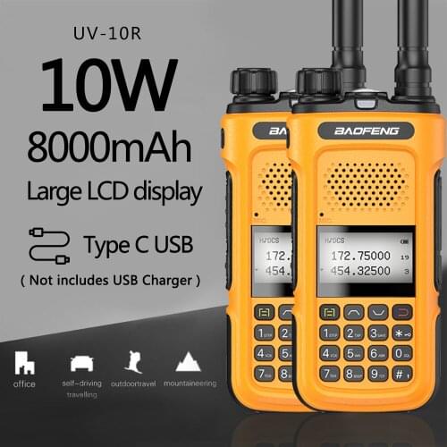 2pcs Baofeng UV-10R Walkie Talkie 10W High Power Ham Radios Dual band UHF VHF Radios Transmitter Typ C USB Charger Upgrade UV-5R