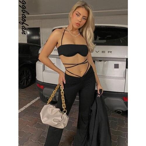 Ggbaofan Sexy Bandage Backless Pant Sets Halter 2 Piece Set Sleeveless Womens Set Fashion Outfits Matching Set Flare Pants