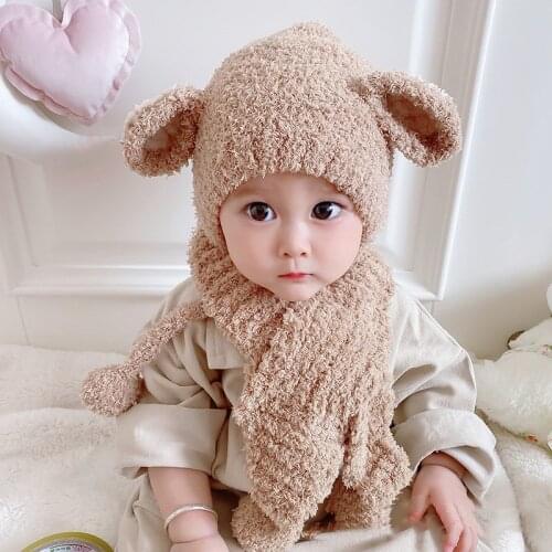 Cartoon Ears Baby Boys Girls Hat and Scarf Set Winter Warm Children Kids Hats & Caps Fur Plush Bomber Hats Scarves Free Shipping