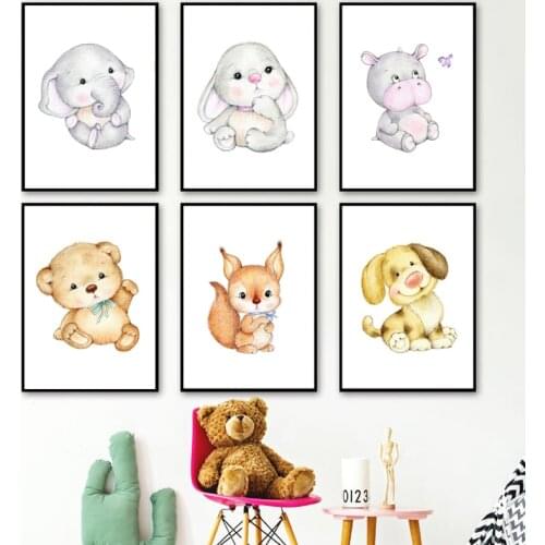 Elephant Rabbit Bear Hippo Duck Cat Dog Nursery Wall Art Canvas Painting Nordic Posters And Prints Decor Pictures Baby Kids Room