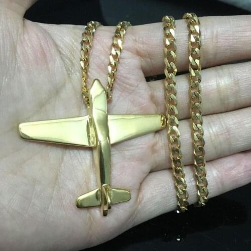 Trendy Classic Gold Color Stainless Steel Aircraft Pendant Necklace Simple Design Men Long Choker Polished Chain -Gift