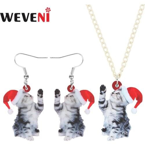 WEVENI Acrylic Britain Christmas Hat Short Hair Cat Jewelry Sets Necklace Earrings Animal Jewelry For Women Girl Teen Charm Gift