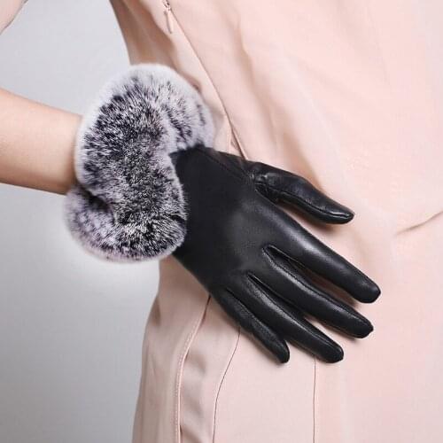 Female Leather Gloves Lady Touch Screen Imitation Rabbit Hair Gloves Velvet Warm Mittens Students Touch Screen Gloves B-6029