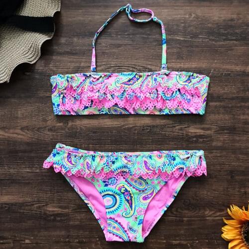 7-14 Years Girl Swimsuit Kids Swimwear Hollow Out Two Piece Teenager Girl Bikini Set Print BIg Girl Bathing Suit Child Beachwear