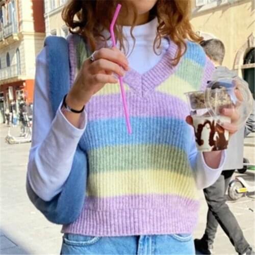 Fashion Tank Sweaters purple colorful Sweater Tops Pullover 2021 Autumn Women Sleeveless V-neck Knitted Vest Women Sweaters