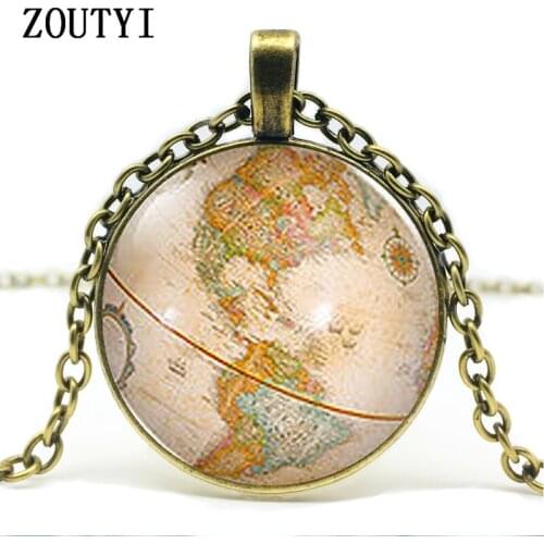 2018/ steampunk new retro antique world globe map glass pendant necklace Alice in Wonderland charm gift