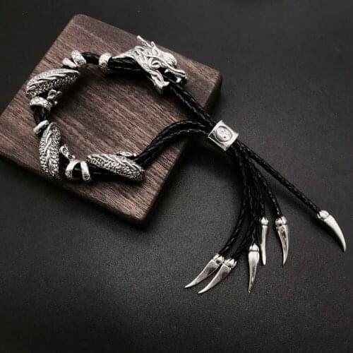 925 sterling Silver + Real Leather Dragon Men Gothic Punk collection Vintage bracelet bangle perfect gift A2035
