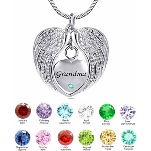 Grandma Angel Wing Birthstone Cremation Urn crystal Necklace Heart Memorial Pendant Stainless Steel Jewelry