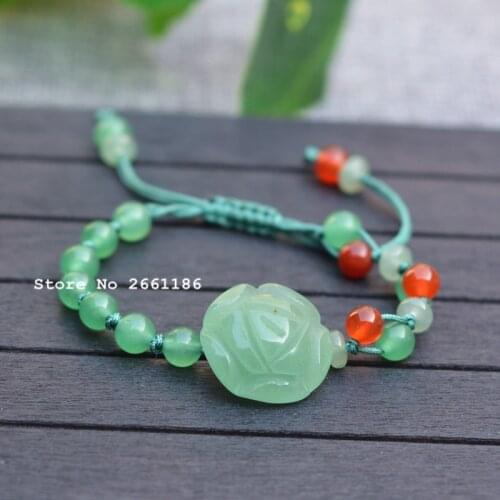 Natural Green DONGLING Jades Stone Bracelets Hand-Carved Rose Flower Round Beads Bracelets Gift for Women Jades Stone Jewelry