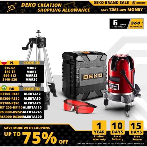 DEKO LL5 Series 5 Line 6 Points Laser Level Self-leveling Horizontal&Vertical 360 Degree Adjustment Red/Green With Tripod 3D