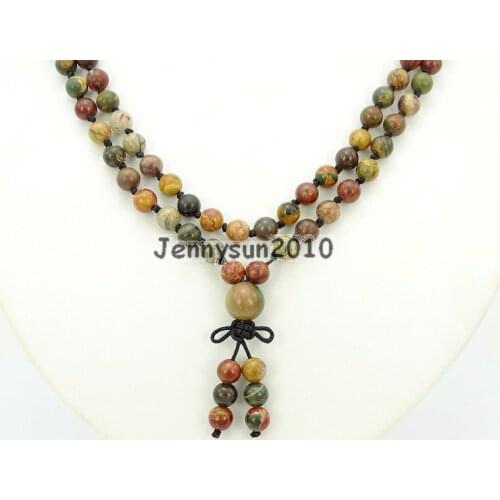 Natural Picasso Ja-sper 6mm Gems Stone Buddhist 108 Beads Prayer Mala Knot Necklace Multi-Purpose 5Strands/Pack