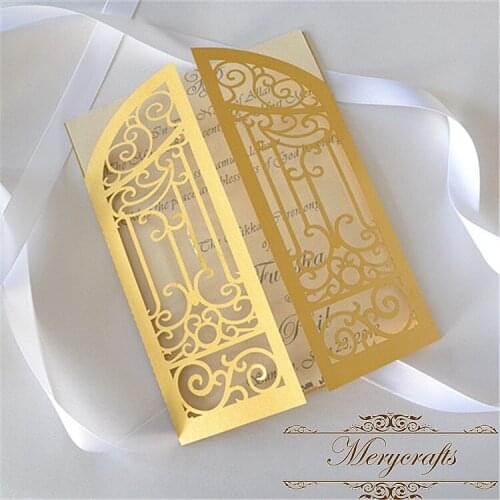 50pcs Hand made cheap laser cut folded gate gold pearl wedding invitations card