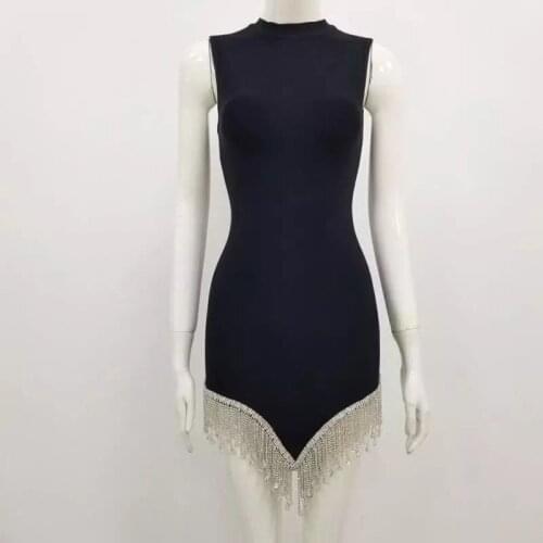2021 New Summer WomenS black white Sleeveless O-Neck Diamond Tassel Bandage Dresses Bodycon Sexy Evening Mini Dress Vestidos
