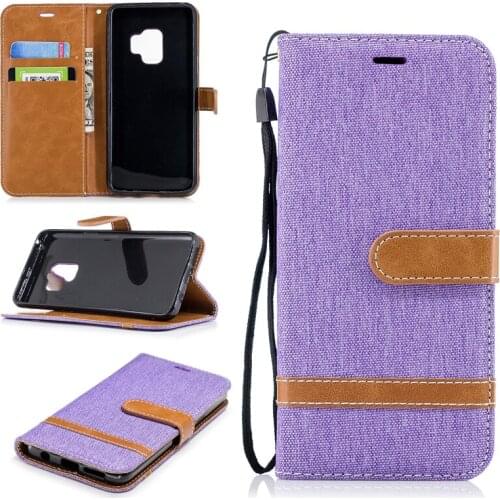 Wholesale Cowboy Jean&PU Leather Cases for Samsung Galaxy S9 Kickstand Flip Mobile Phone Cases with Wallet Card Holders& Lanyard