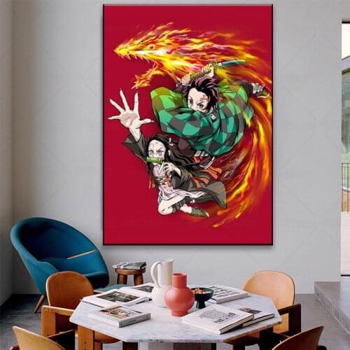 Demon Slayer Kimetsu no Yaiba Tanjirou Nezuko Anime Retro Home Decor Kids Room posters Cartoon wall art canvas painting