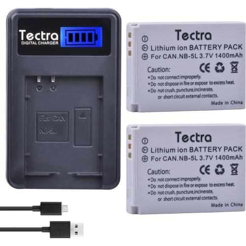Tectra 2Pcs NB-5L NB5L Bateria +LCD USB Charger for Canon S110 SX200 SX210 SX220 SX230 ISHS IXUS 850 870 800 860 990 SD 950 970