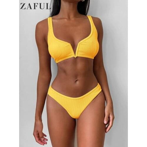 ZAFUL Women High Cut V-Wired Ribbed Bikini Swimsuit Plunging Neck Wire Free Solid Swimwear Push Up Bathing Suit Summer 2020