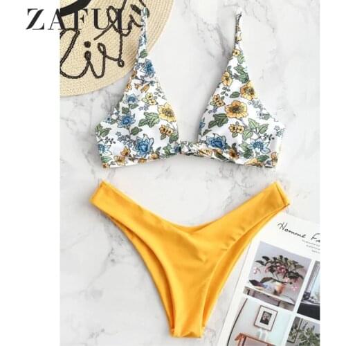 ZAFUL Tiny Floral Knotted Bikini Set Bathing Suit Plunging Neck Padded Women Beach Wear Beach Suit Sexy Swimwear Swimsuit