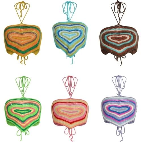 Vintage Heart Shape Knitted Backless Halter Cami Beach Style Crop Top Y2K Aesthetic 90s Women Sleevless Chest Wrap Mini Vest