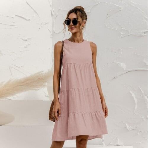 2021 Spring Summer New Round Neck Sleeveless Stitching Loose Big Swing Vest Dress Elegant Solid Color Dress Casual Holiday Dress