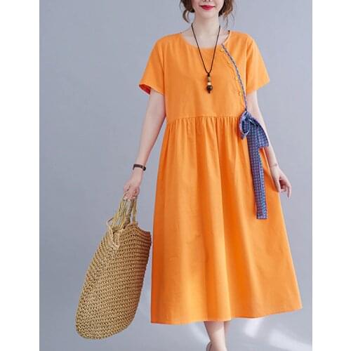 2021 New Arrival Short Sleeve Loose Summer Dress Patchwork Plaid Bandage Vintage Holiday Travel Casual Women Midi Dress
